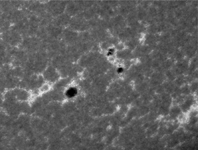 Dvě aktivní oblasti NOAA 12061 (dole) a 12066 (bipolární, nahoře) zachycené dne 19. května 2014 ve 14:43:43 UT. Na snímku jsou patrné chromosférické flokule (zjasnění) okolo skvrn.