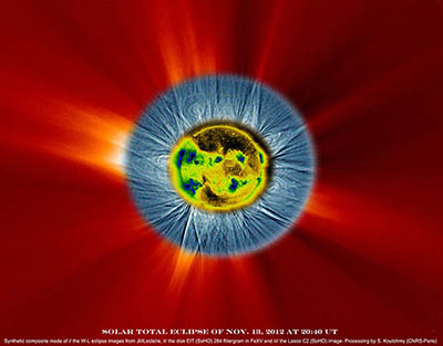 Složený snímek ze zatmění Slunce 14. listopadu 2012. Snímek: J.M. Lecleire & S. Koutchmy, Institut d'Astrophysique de Paris, CNRS/CNES, SOHO (ESA & NASA)