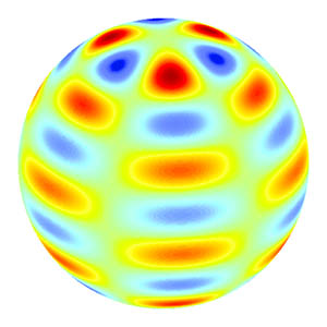 Vybrané příklady trojdimenzionálních vln. Vlnu si můžeme představit tak, že modrá místa představují lokální radiální pohyb vzhůru a červená lokální pohyb do nitra. Po půlce periody se jejich smysl vymění. Místa zelená (uzlové křivky) zůstávají stále v klidu. Spektrum slunečních oscilací je kombinací sta milionů různých sférických vln.