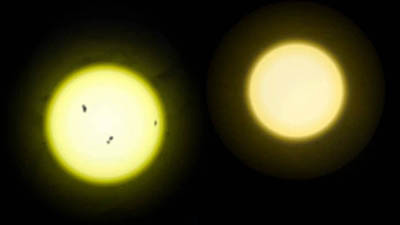 Obrázok 1: Slnko (vľavo) je trochu väčšie, horúcejšie a aktívnejšie ako τ Ceti (vpravo). Autor: R.J. Hall.