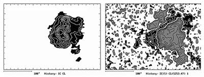 Obr. 21: Příklad rozložení jasu velké skvrny ve sluneční fotosféře (vlevo) a její složité konfigurace magnetického pole (vpravo). Přestože obě mapy jsou výsledkem měření skanujícím magnetografem, který měřil postupně po řádcích v horizontálním směru, není zde žádné řádkování obrazu patrné. Pro představu o nárocích na přesnost navádění dalekohledu:  Vzorkování a posuvy obrazu Slunce po vstupní štěrbině spektrografu se provádějí po 0,5 mm. Aby řádkování nebylo v mapě patrné, musí zrcadlo coelostatu tento obraz, který je ve vzdálenosti cca 50 metrů, posouvat s přesností lepší než 0,5 mm.