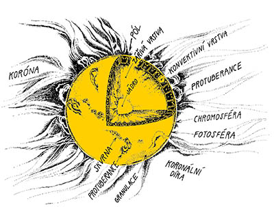 Řez Sluncem a typické útvary na Slunci. Zdroj: Kresba Ivan Havlíček, v. r.