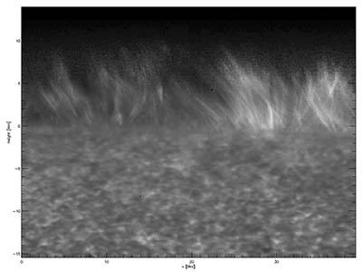 Alfvénovy vlny a spikule pozorované sondou Hinode v roce 2007. UV obor. Zdroj: JAXA/Hinode.