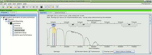 Obrázek 24: Screenshot z ALMA OT - softwarového balíku pro přípravu návrhů na pozorování s polem ALMA. V tomto tabu se edituje spektrální nastavení pozorování. Vpravo nahoře jsou viditelná již zprovozněná frekvenční pásma (bands) 3, 6, 7 a 9. Šedá křivka znázorňuje propustnost zemské atmosféry pro jednotlivé frekvence. Hluboké absorpční čáry (ve kterých je atmosféra neprůhledná) náleží atmosférické vodní páře a tvoří přirozené hranice mezi jednotlivými pozorovacími pásmy.  
