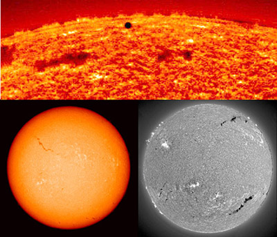 Nahoře přechod Merkuru přes sluneční disk, dole Slunce v čáře H alfa. Zdroj: http://upload.wikimedia.org/wikipedia/en/7/77/Three_views_of_the_Sun_%28from_Big_Bear_Solar_Observatory%29.jpg