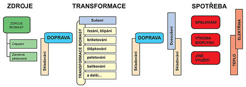 Schéma procesu transformace biomasy v různé formě.